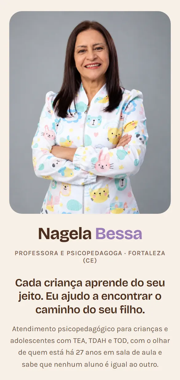 Site de Nagela Bessa, psicopedagoga em Fortaleza, visto no celular